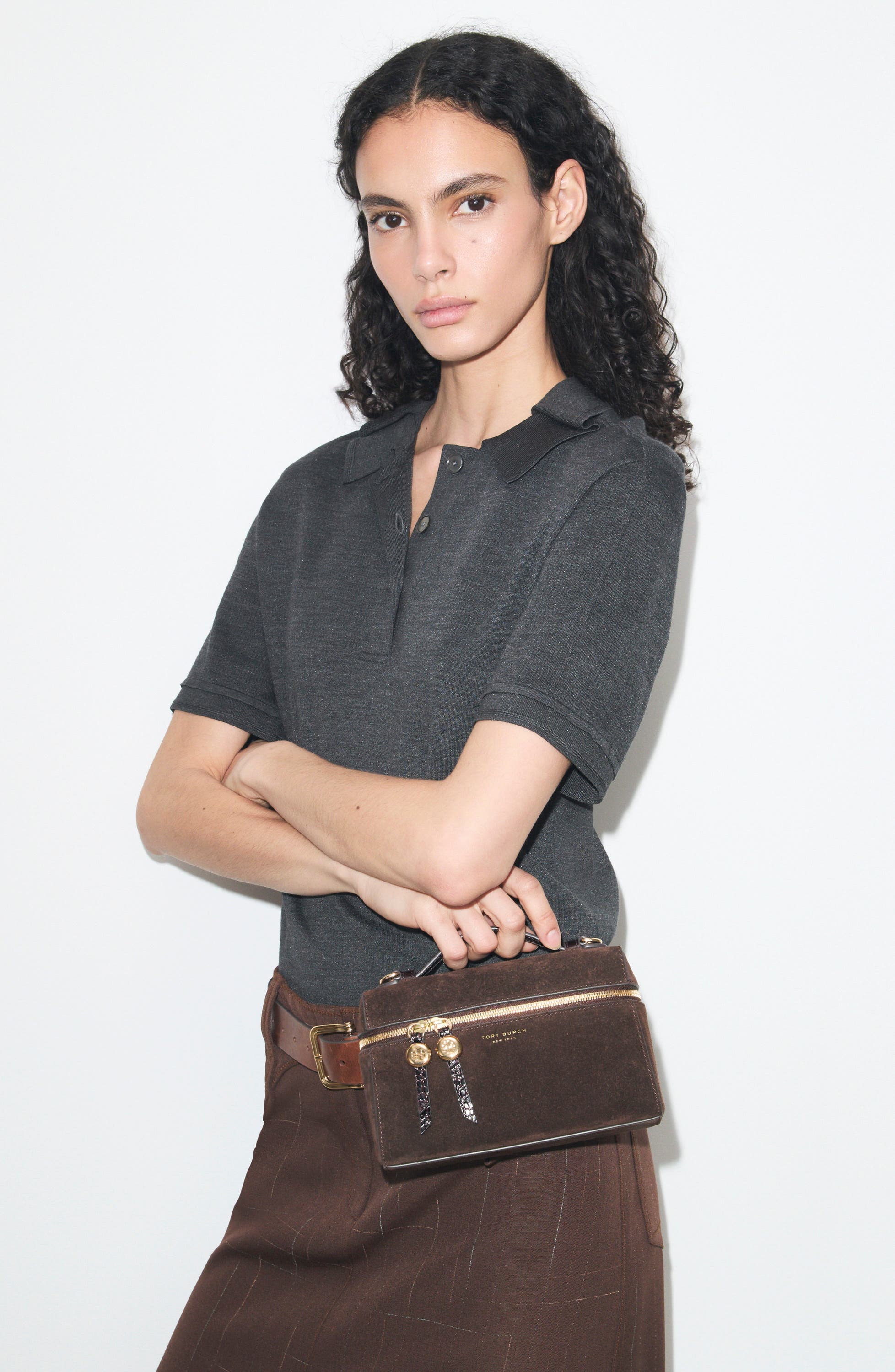Romy Suede Slim Top Handle Bag, Alternate, color, DARK COCOA
