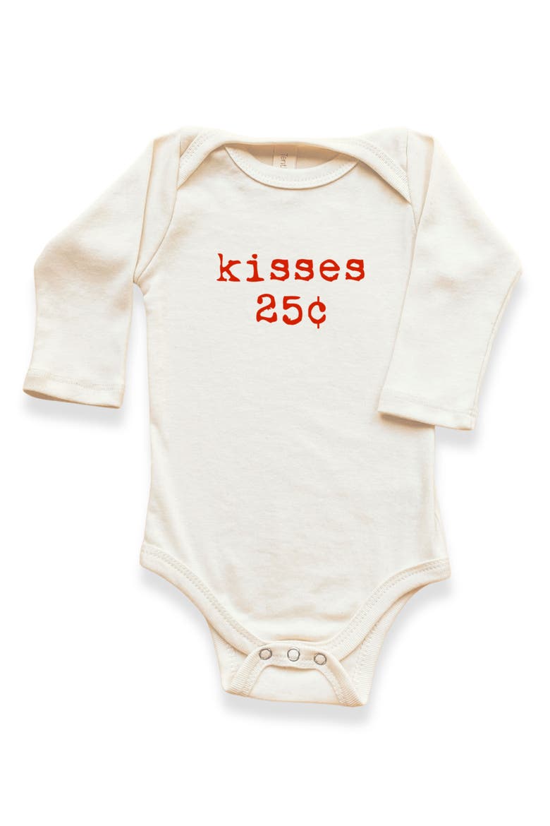 Kisses 25c Gender Inclusive Organic Baby Bodysuit Long Sleeve, Main, color, Natural Red Lettering