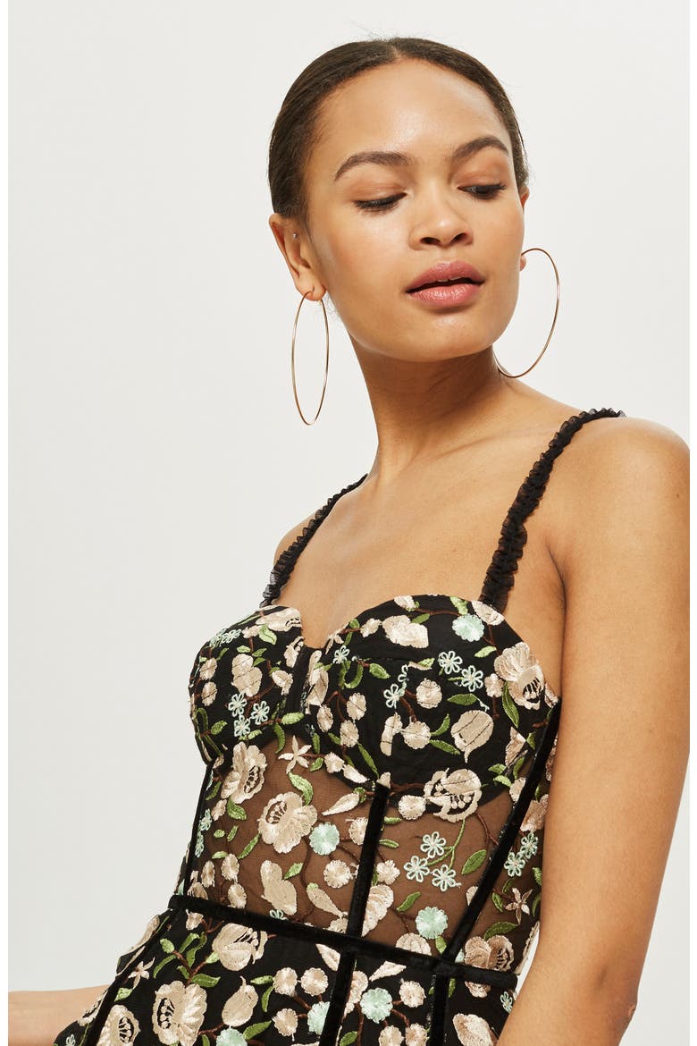 Floral Corset Midi Dress, Alternate, color, BLACK MULTI