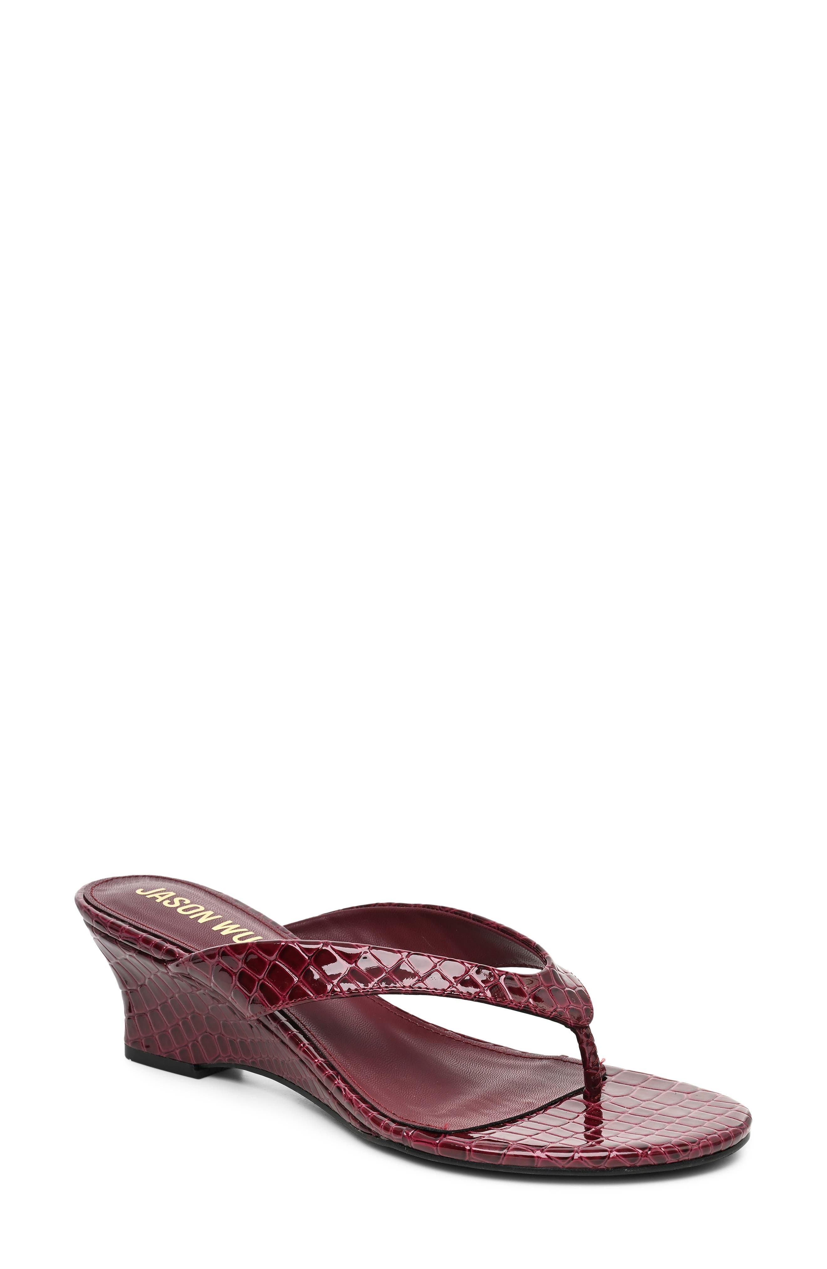 Croc Embossed Wedge Thong Sandal, Main, color, BURGUNDY CROCO