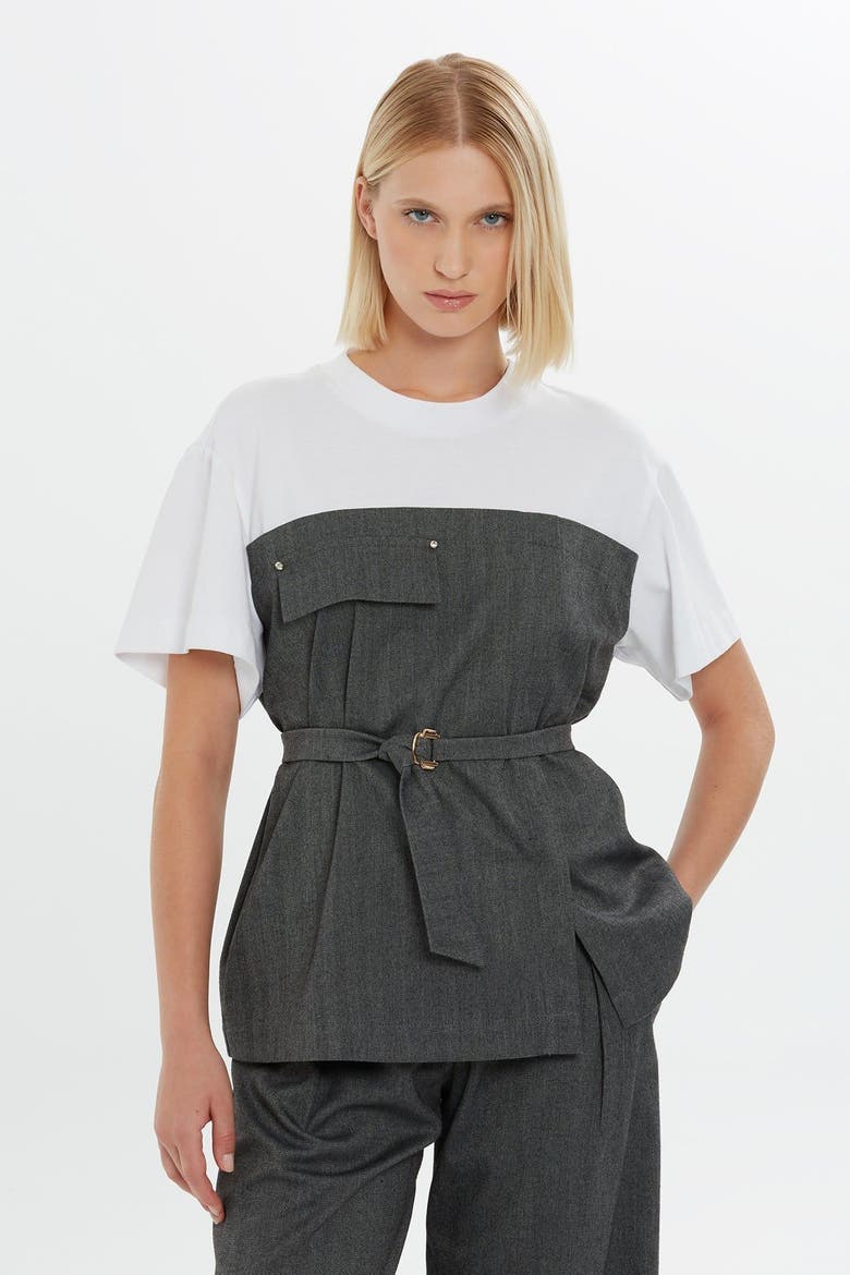 Cotton Chest Cutout Blouse with Detachable Belt, Alternate, color, White