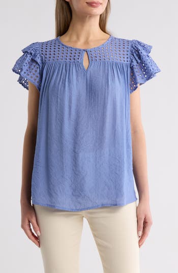 By Design Demi Eyelet Sleeve Top In Colony Blue