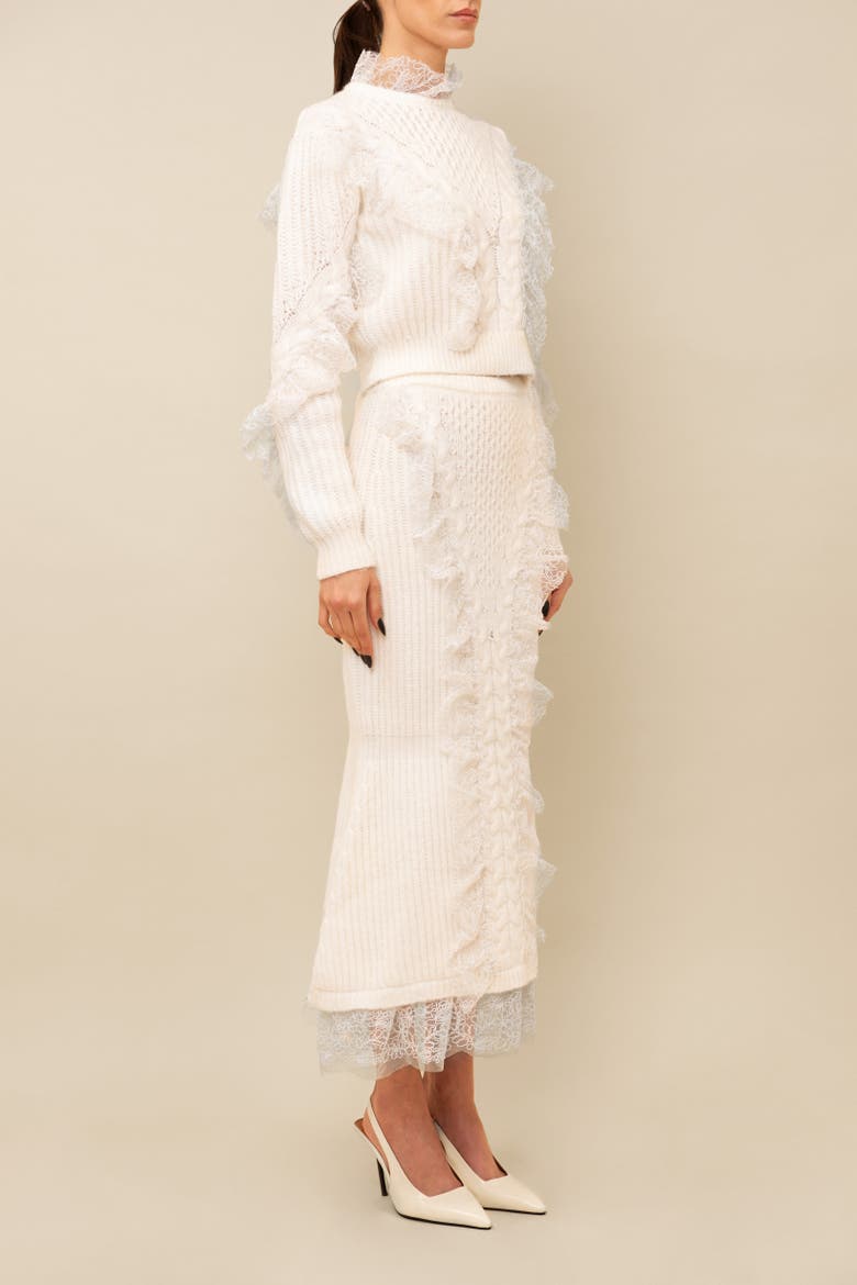 Wildes Soft Warm Lace-Trimmed Wool Knit Skirt, Alternate, color, White