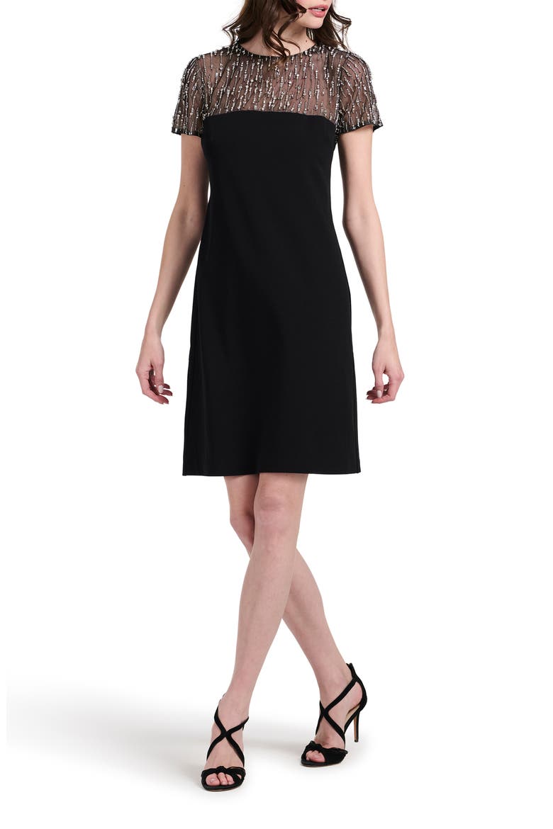Crystal Illusion Stretch Crepe Cocktail Dress, Main, color, BLACK