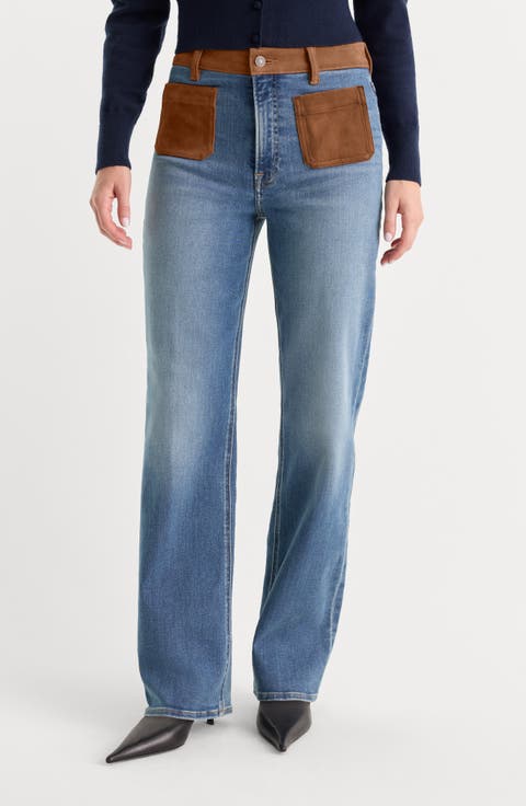 Good True Straight High Waist Straight Leg Jeans with Faux Suede Detail