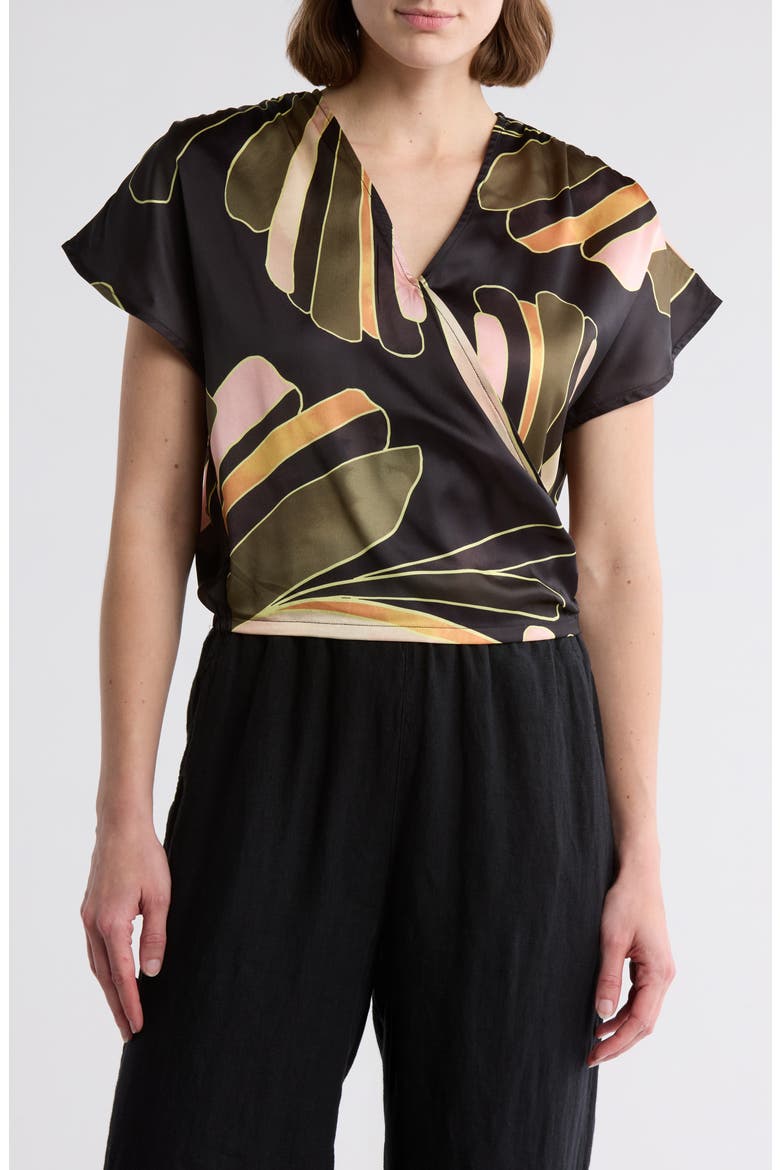 Palm Print Surplice Neck Cover-Up Crop Top, Main, color, BLACK MANILA PRINT