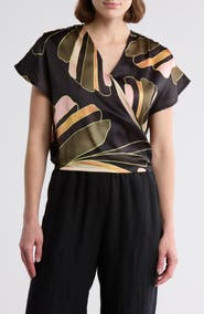 Elan Palm Print Surplice Neck Cover-Up Crop Top