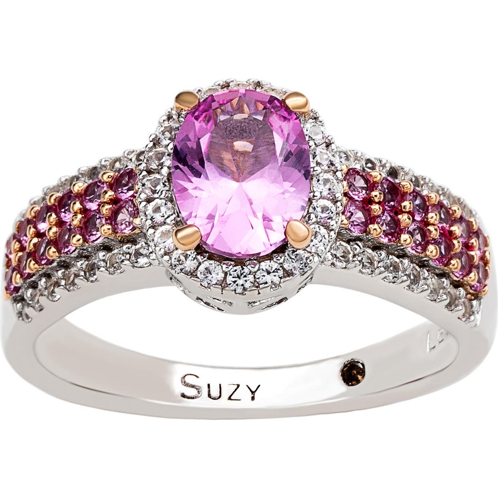 Suzy Levian Diamonds Sterling Silver Oval Pink Sapphire & Lab Grown White Sapphire Ring In Pink