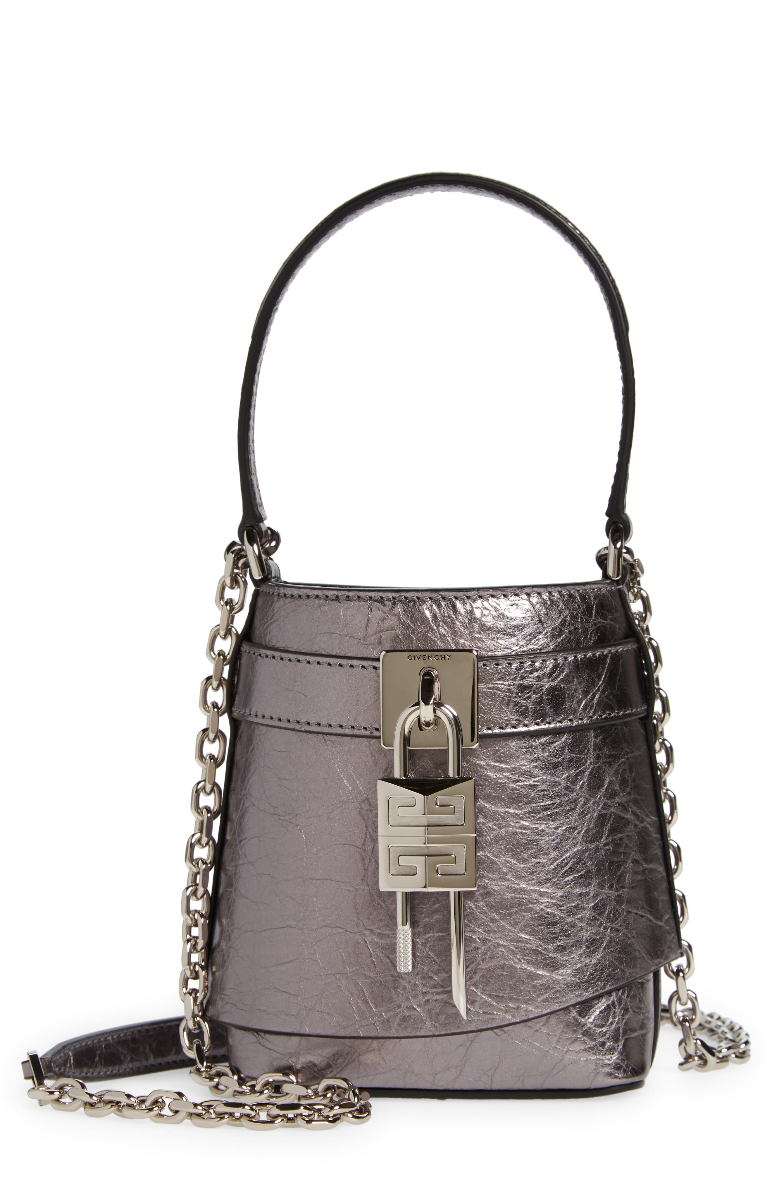 Givenchy Micro Shark Lock Lambskin Leather Bucket Bag, Main, color, 