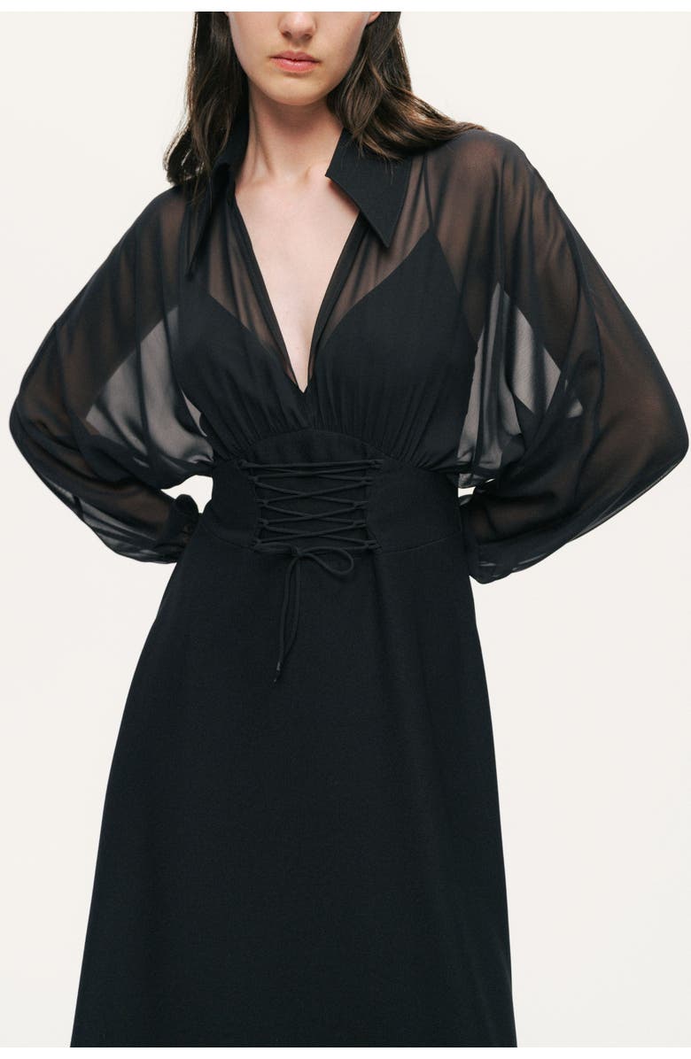 Nocturne Sheer Lace-Up Waist Maxi Shirt Dress, Alternate, color, Black