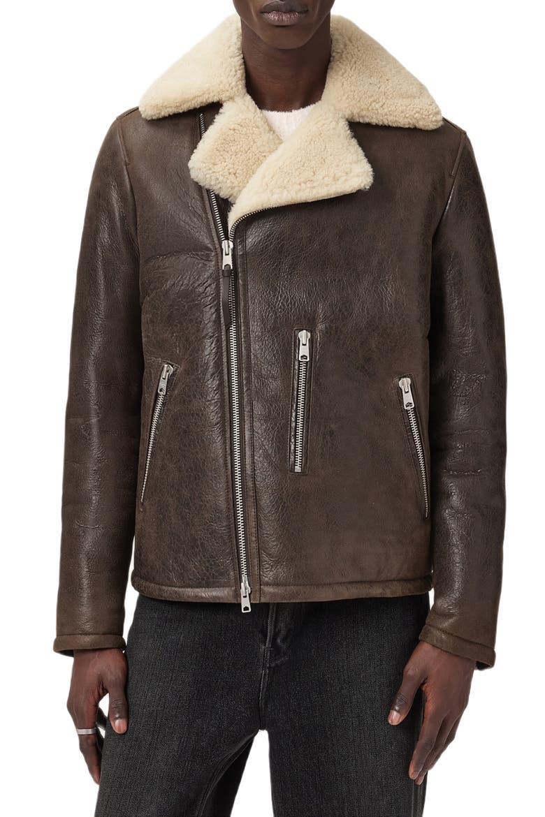 Xylon Shearling Lined Leather Biker Jacket, Main, color, BARK WOOD BROWN