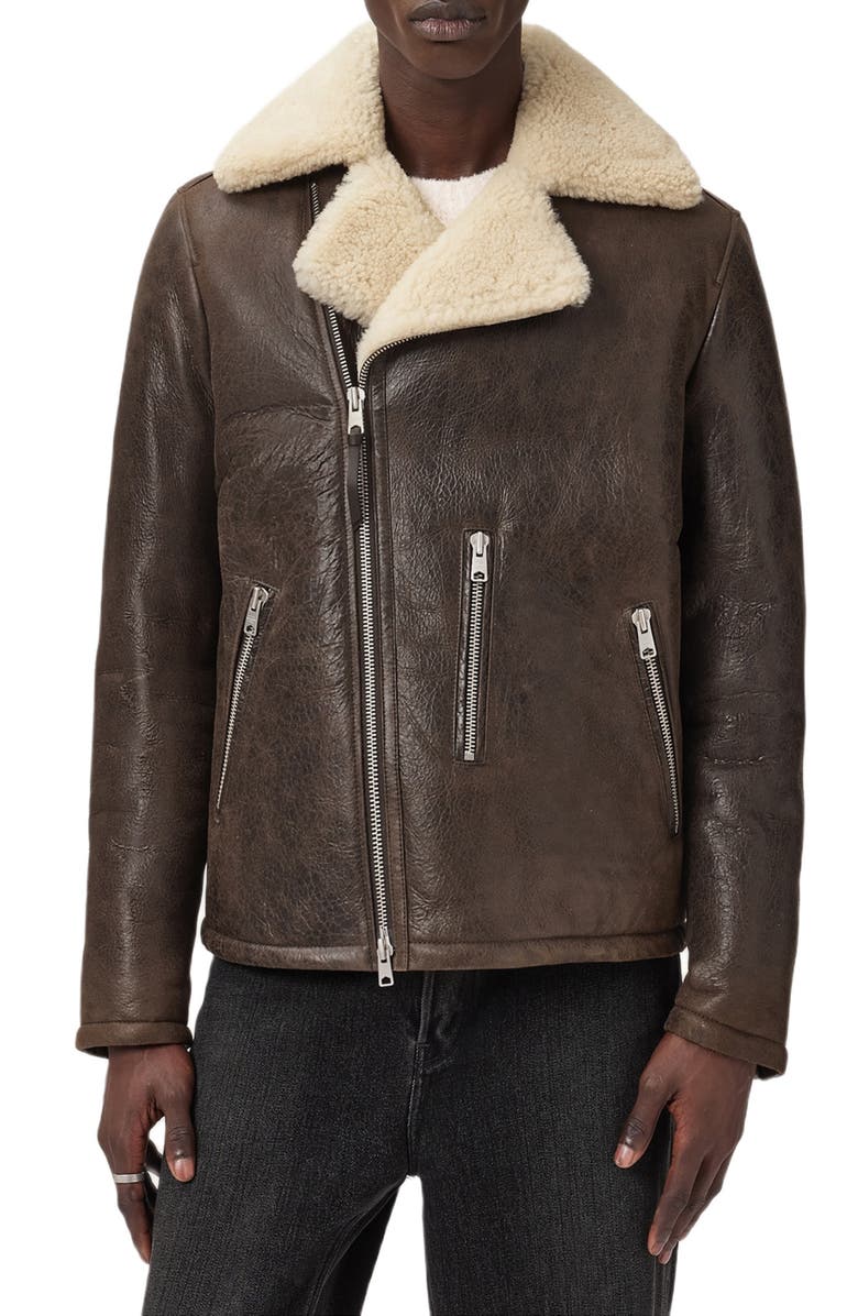 AllSaints Xylon Shearling Lined Leather Biker Jacket, Main, color, Bark Wood Brown