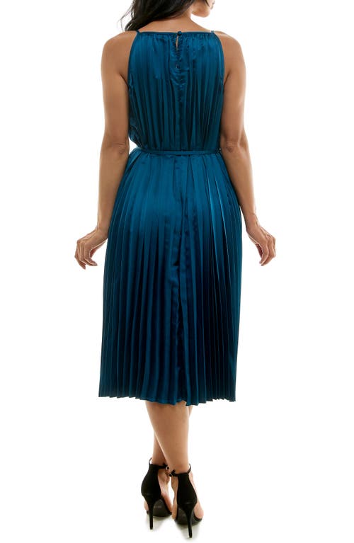 Nina Leonard Pleated Midi Dress In Teal
