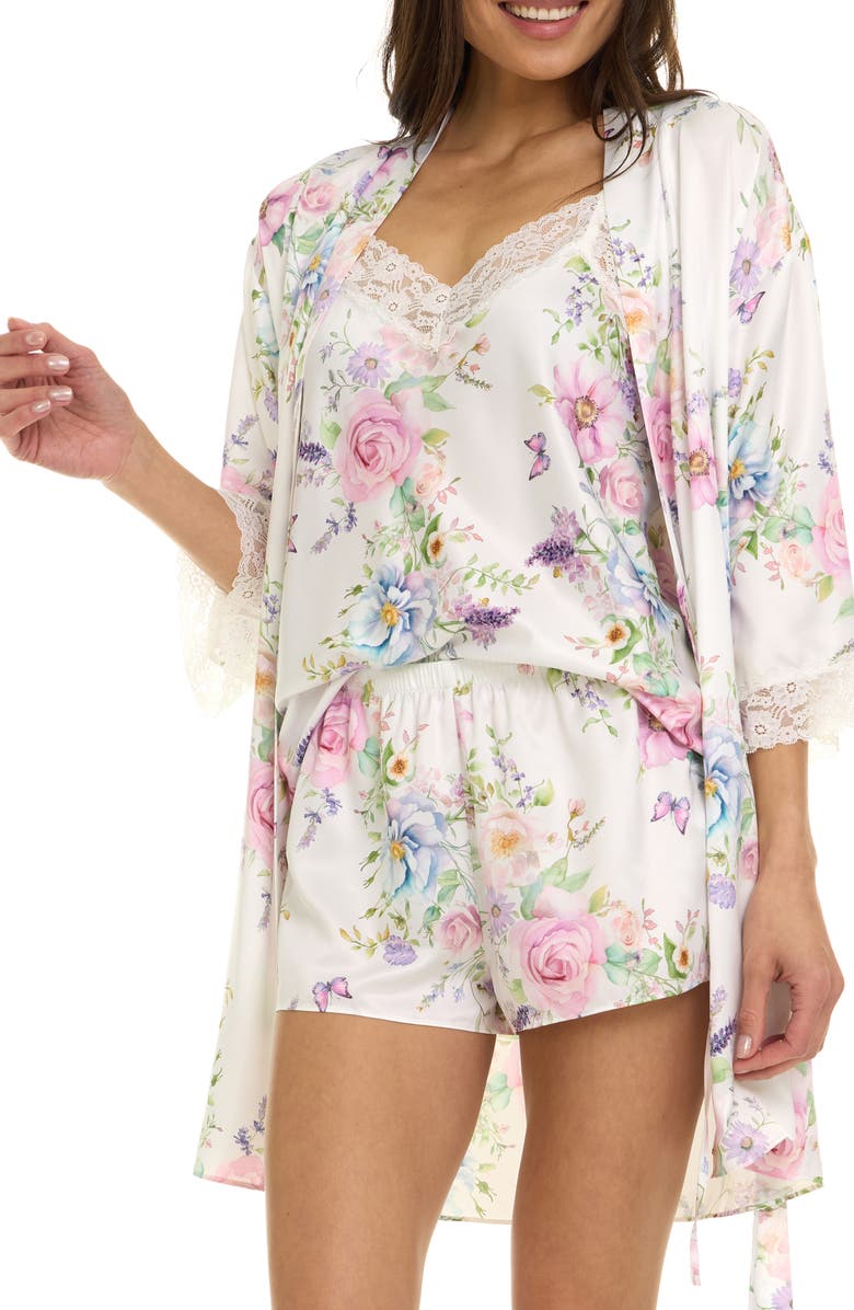 Flora Nikrooz Sabrina Floral Print Satin Short Pajamas & Robe Set, Alternate, color, Pearl