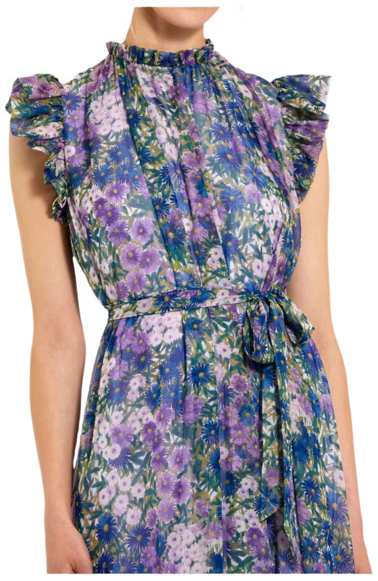 Mac Duggal Belted Floral Chiffon Ruffle Sleeve Gown, Alternate, color, Lilac Multi