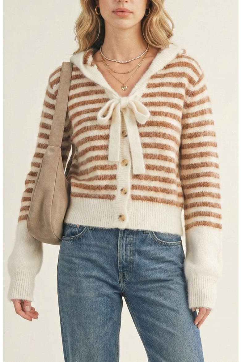 Striped Button-Up Cardigan Hoodie with Ribbon Tie and Ribbed Hem, Main, color, Ivory / Brown Stripes