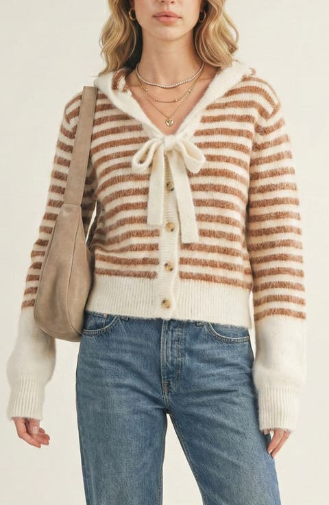 Striped Button-Up Cardigan Hoodie with Ribbon Tie and Ribbed Hem
