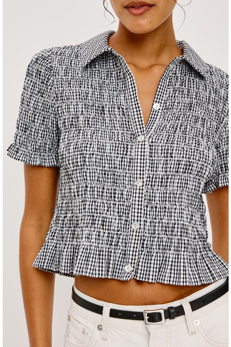 Alton Shirred Button-Up Crop Peplum Top, Alternate, color, BLACK GINGHAM