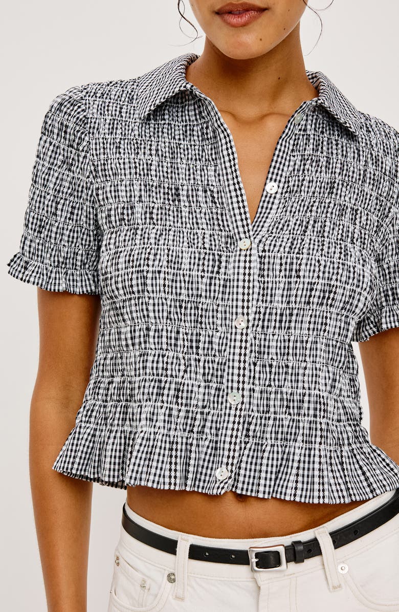 Rails Alton Shirred Button-Up Crop Peplum Top, Alternate, color, Black Gingham