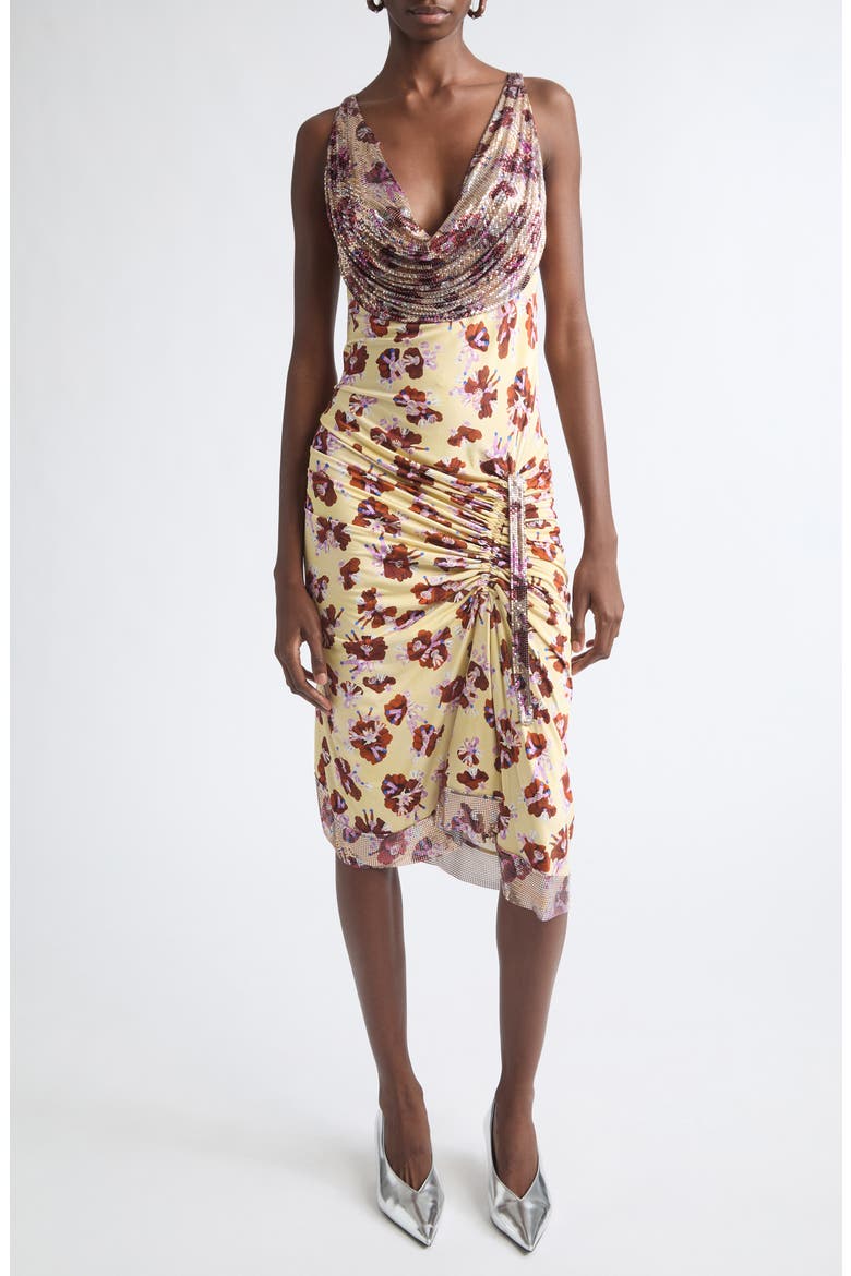 Chain Mail Floral Ruched Cowl Neck Dress, Main, color, FLOWER TRIMS CREAM/ RED