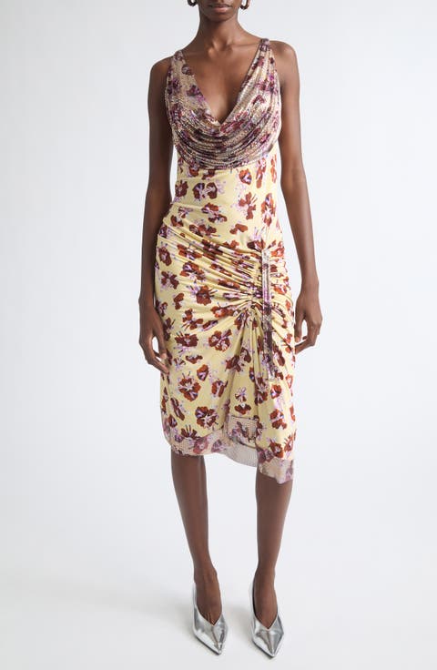 Chain Mail Floral Ruched Cowl Neck Dress