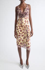 Rabanne Chain Mail Floral Ruched Cowl Neck Dress