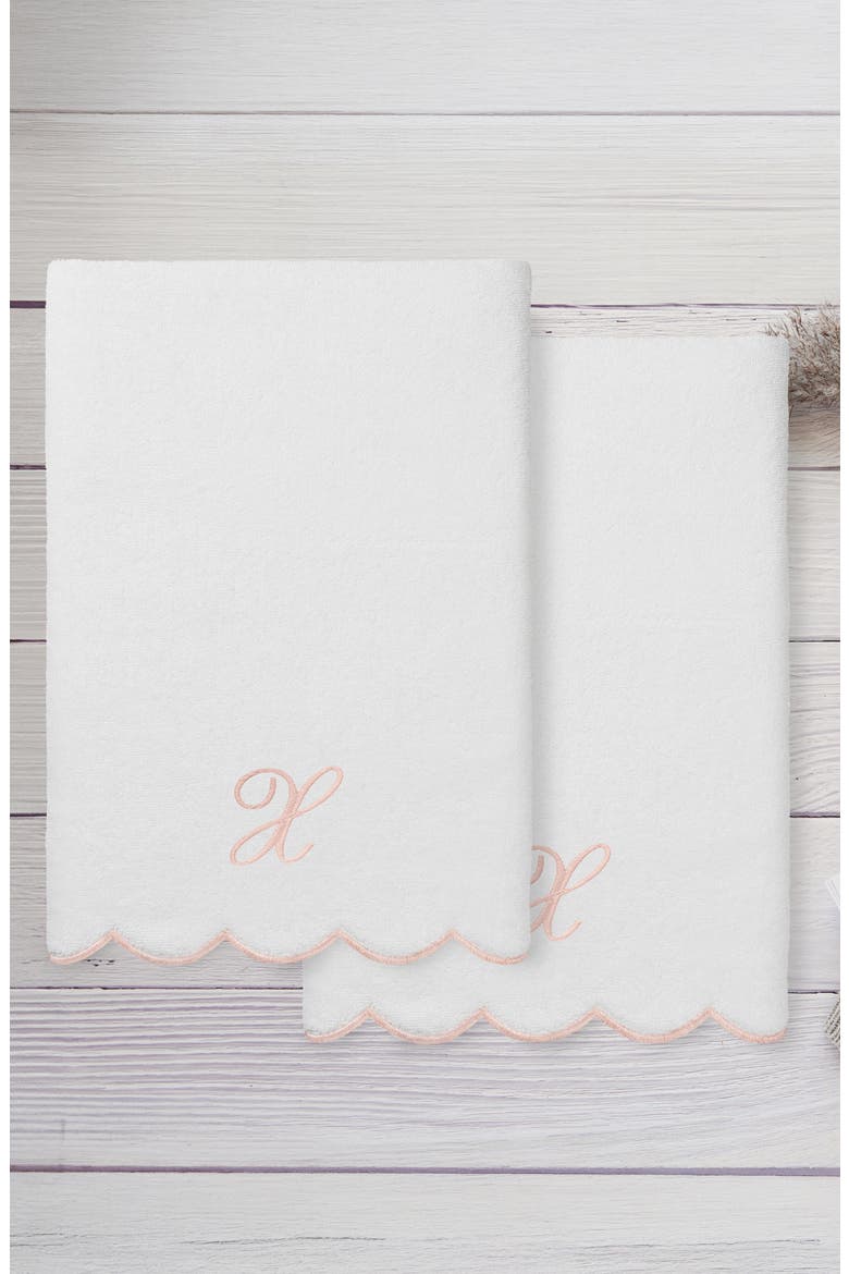 Adornia Scallop Set of 2 Initial Bath Towels, Alternate, color, WHITE/ PINK X