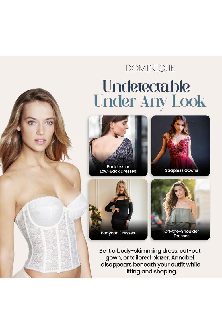 Annabel Strapless Lace Longline Bridal Bra with Detachable Garters, Alternate, color, Bone