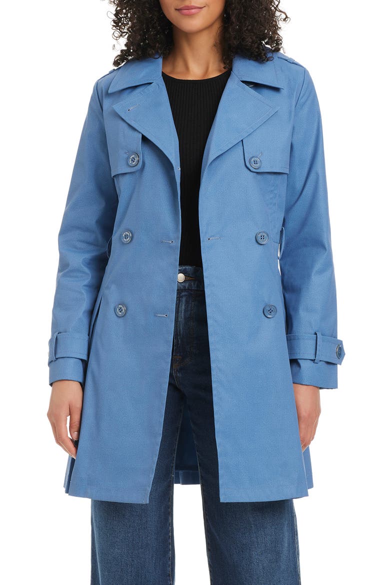 belted double breasted pleated trench coat, Alternate, color, PRINTED DENIM