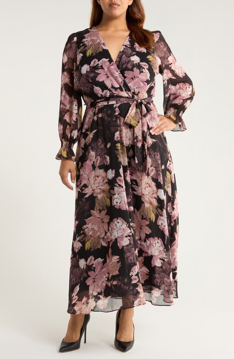 Anne Klein Metallic Long Sleeve Faux Wrap Maxi Dress, Main, color, Anne Black Multi