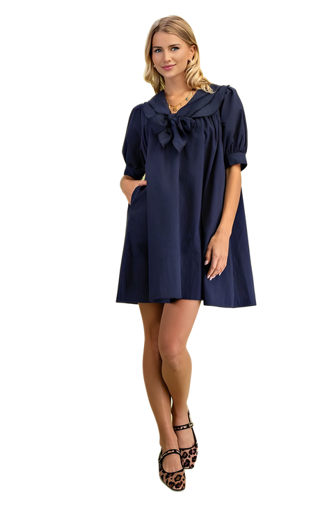 Swing Dress with Rolled Sleeves and Oversized Bow Detail