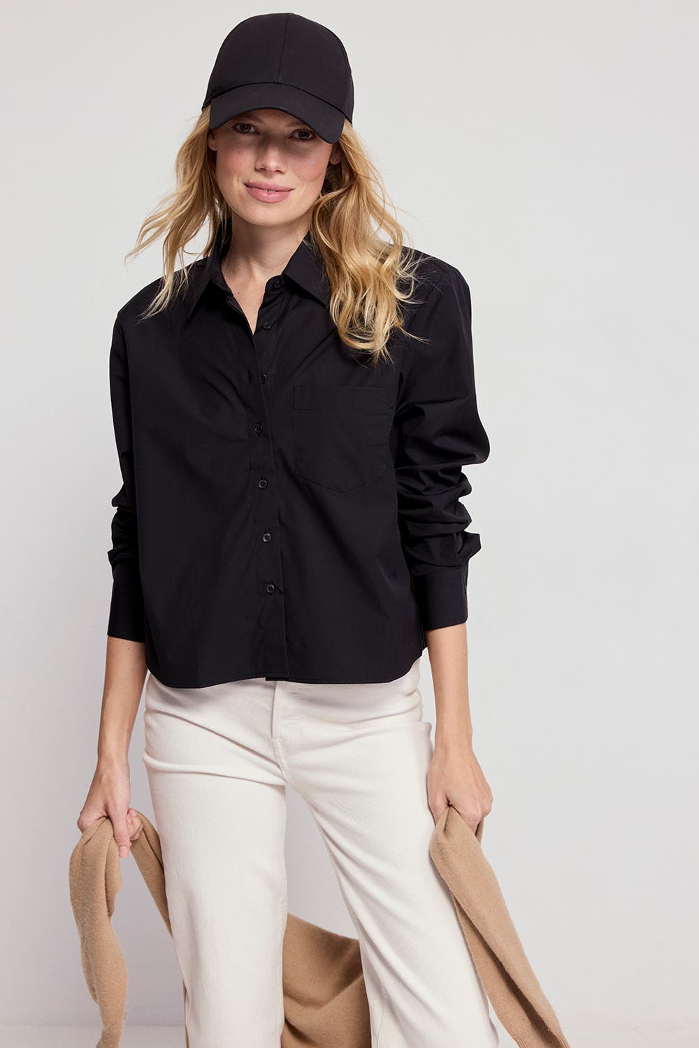 boxy dress shirt women The Shirt by Rochelle Behrens Women's The Long Sleeve Boxy Crop Shirt - Black