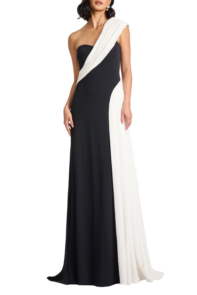 One-Shoulder Colorblock Gown, Main, color, BLACK/ IVORY