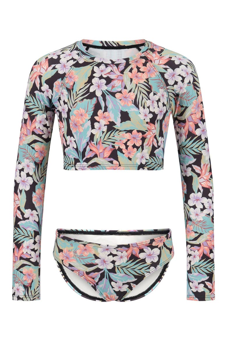 Kids' Sunshine Diaries Crop Rashguard Two-Piece Swimsuit, Main, color, BLACK SANDS