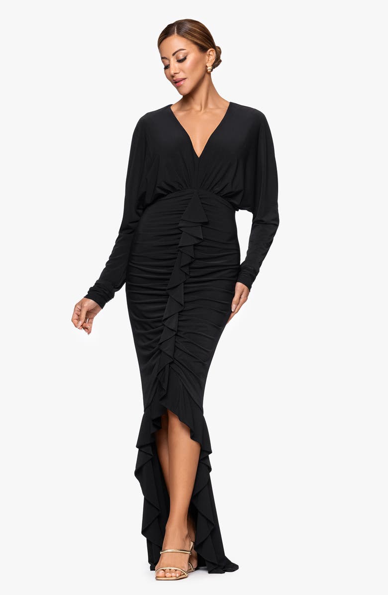 Xscape Evenings Plunge Neck Long Sleeve Ruched High-Low Gown, Alternate, color, Black