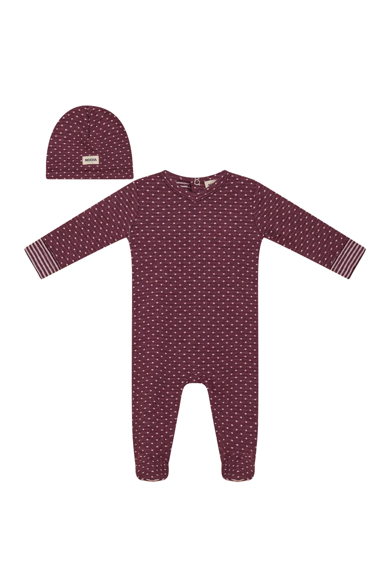 Dot Print 2 Piece Romper and Hat, Alternate, color, Burgundy