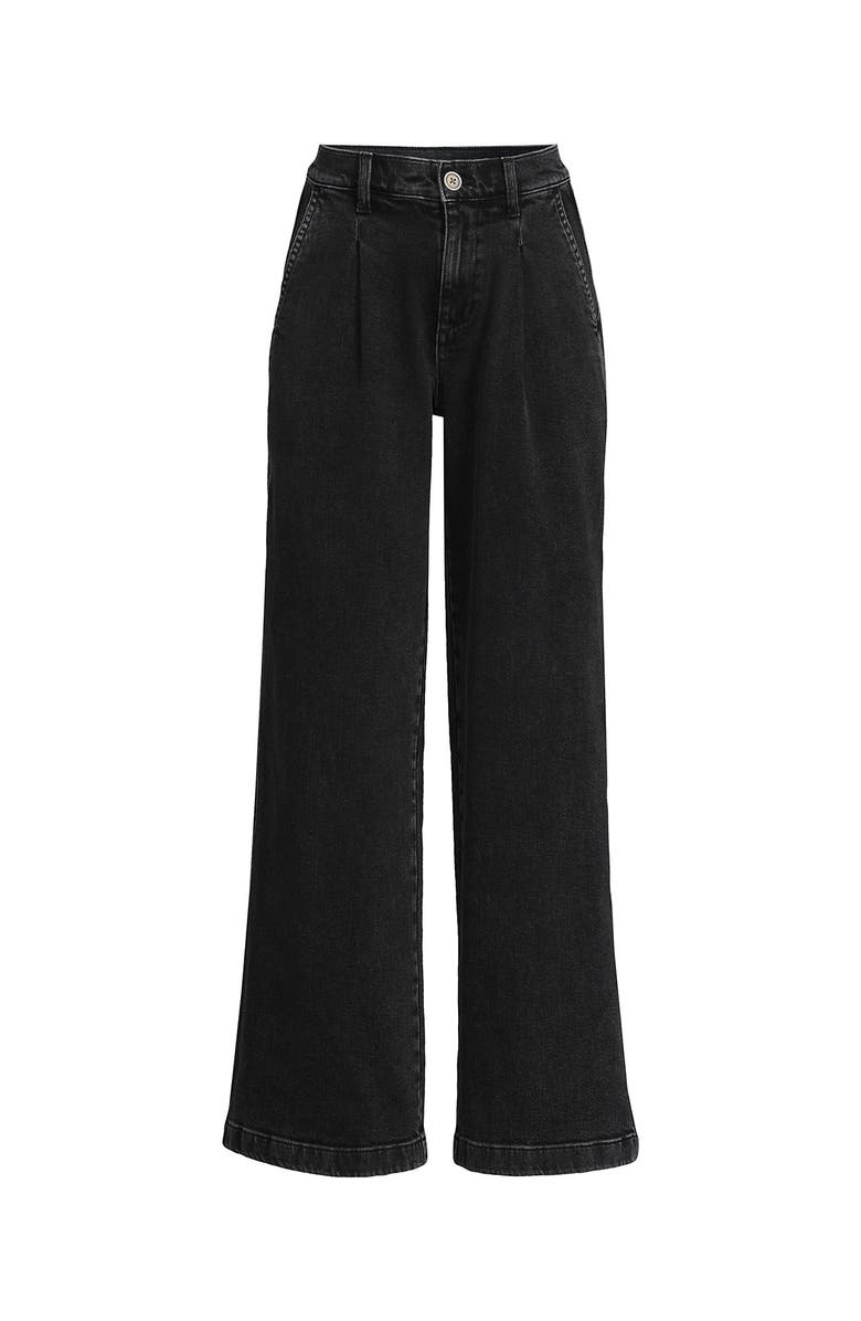 Lands' End High Rise Soft Denim Pleated Wide Leg Trousers, Alternate, color, Black Wash