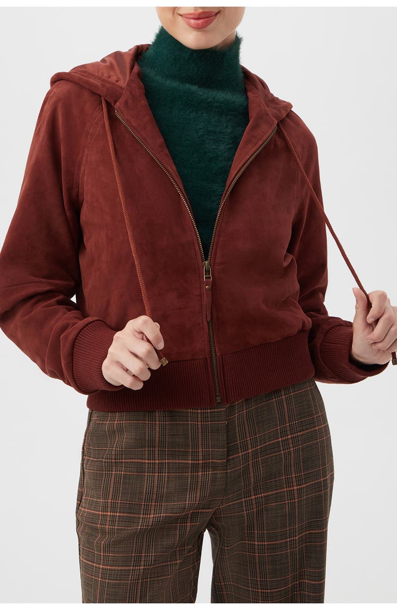 Trina Turk Dalma Suede Hooded Jacket, Alternate, color, Mahogany