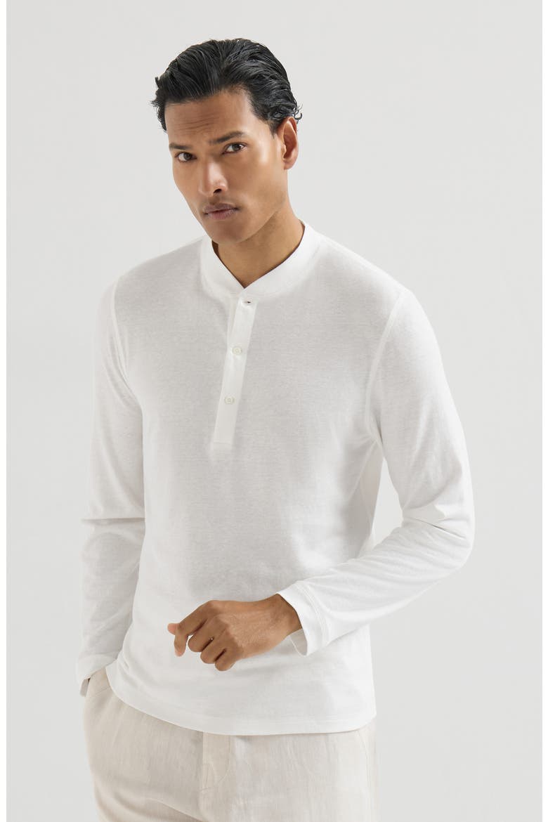 Linen and cotton jersey long sleeve T-shirt with Henley collar, Main, color, Off-White
