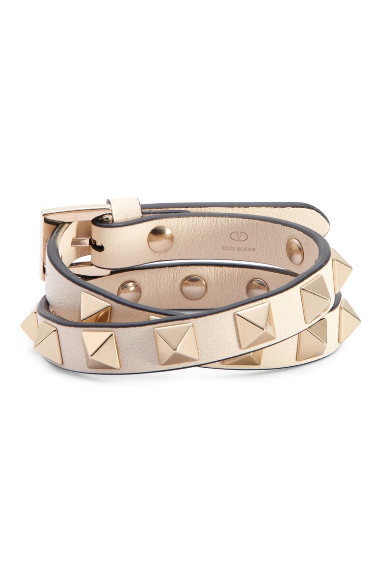 Valentino Rockstud Leather Wrap Bracelet, Main, color, LIGHT IVORY