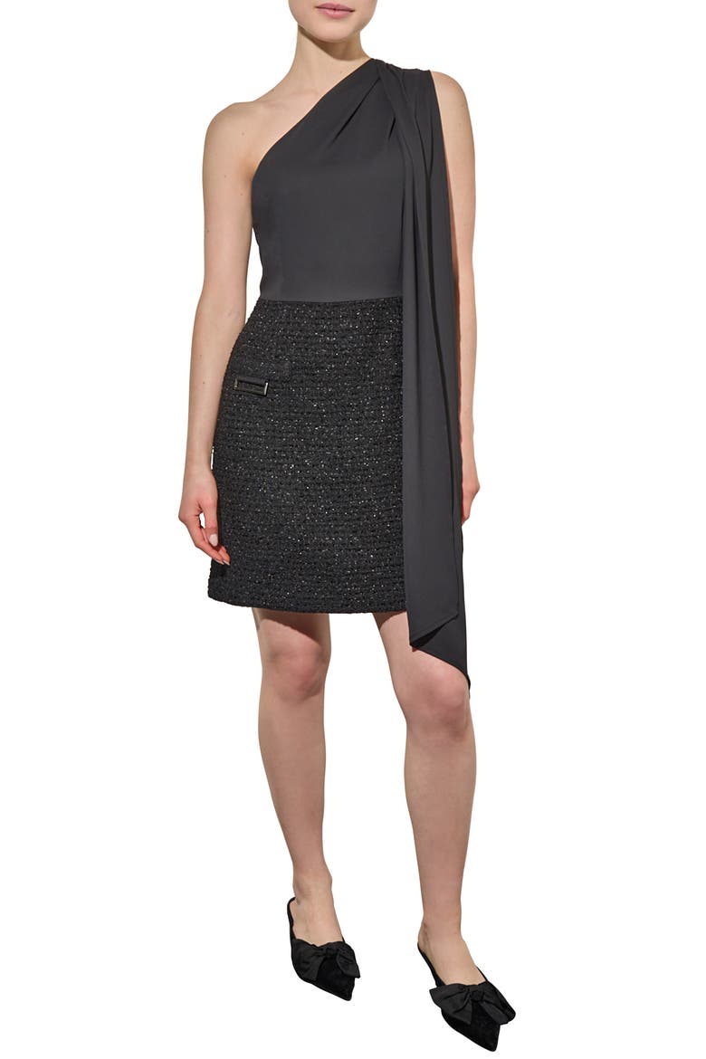 Mixed Media One-Shoulder Dress, Main, color, BLACK