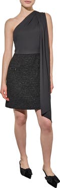 Ming Wang Mixed Media One-Shoulder Dress