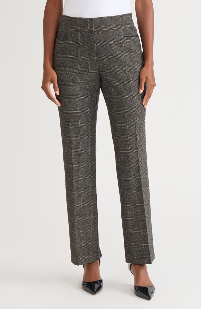 KASPER Faux Leather Trim Straight Leg Pants, Main, color, Black Multi