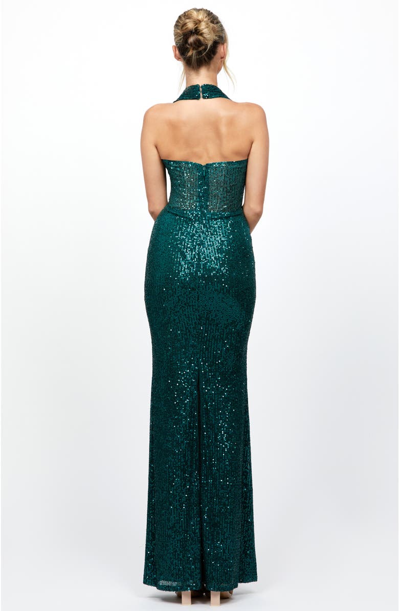 Bariano Shaylyn Sequin Halter Gown, Alternate, color, Emerald