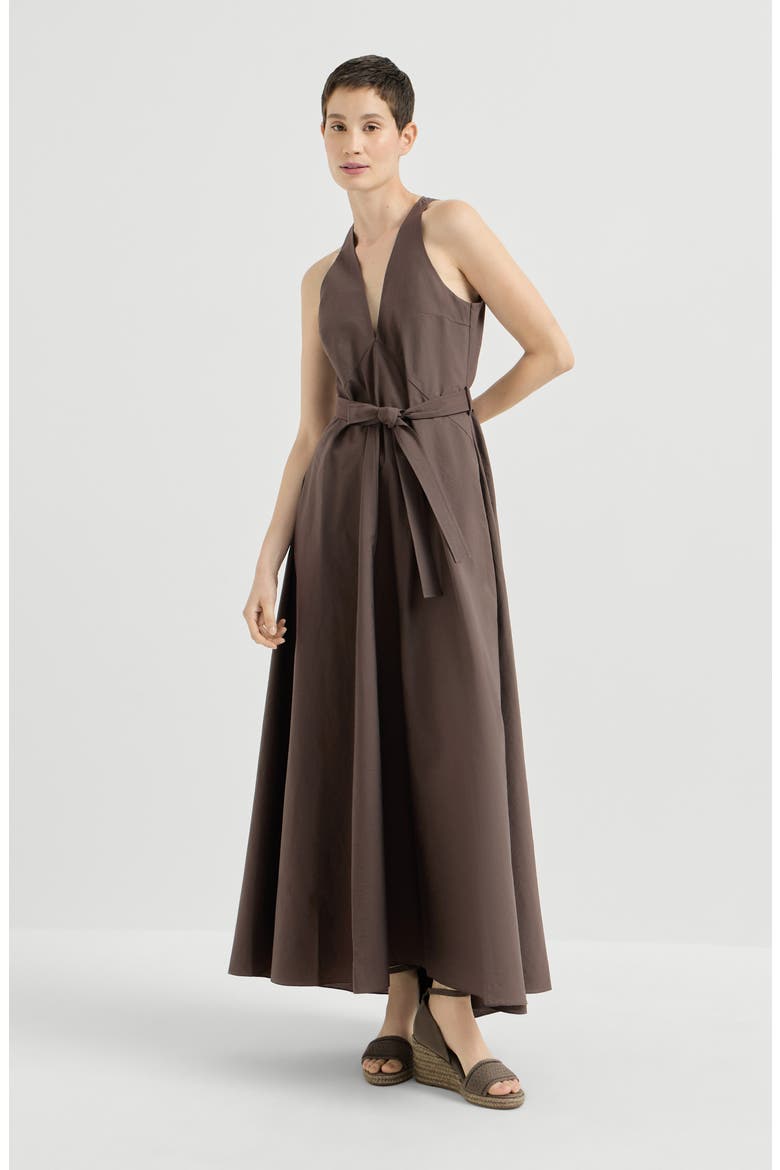 Techno cotton poplin belted dress, Main, color, Chocolate