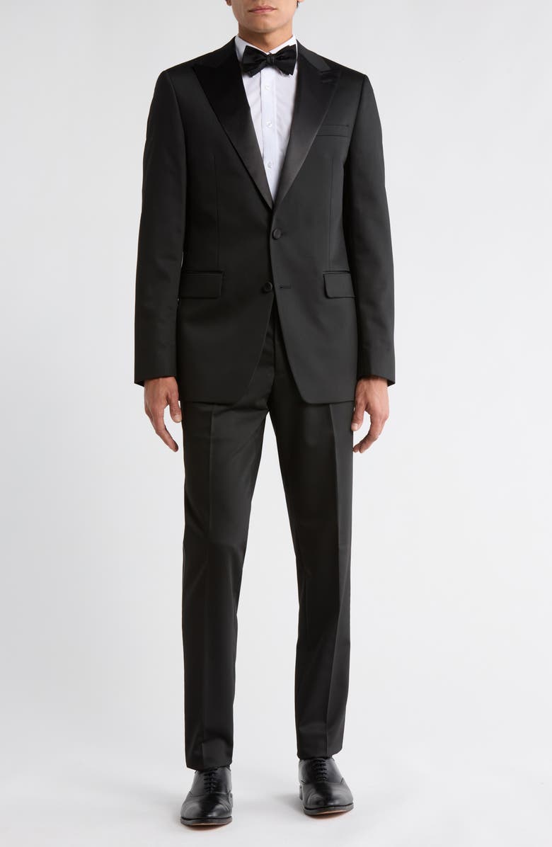 Original Penguin Peak Lapel Satin Trim Tuxedo, Main, color, Black
