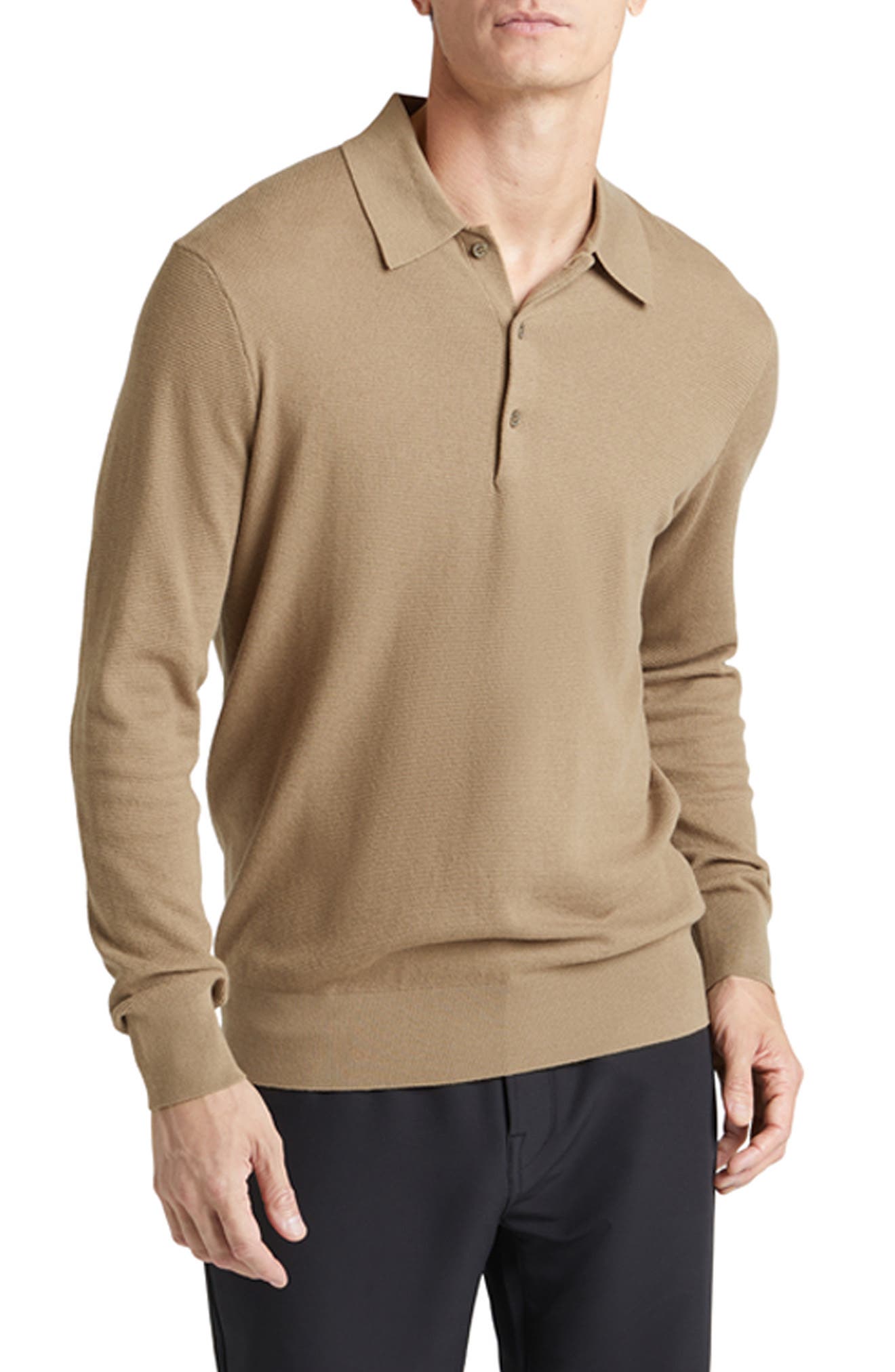 Goodlife Mini Waffle Long Sleeve Polo in Timber 