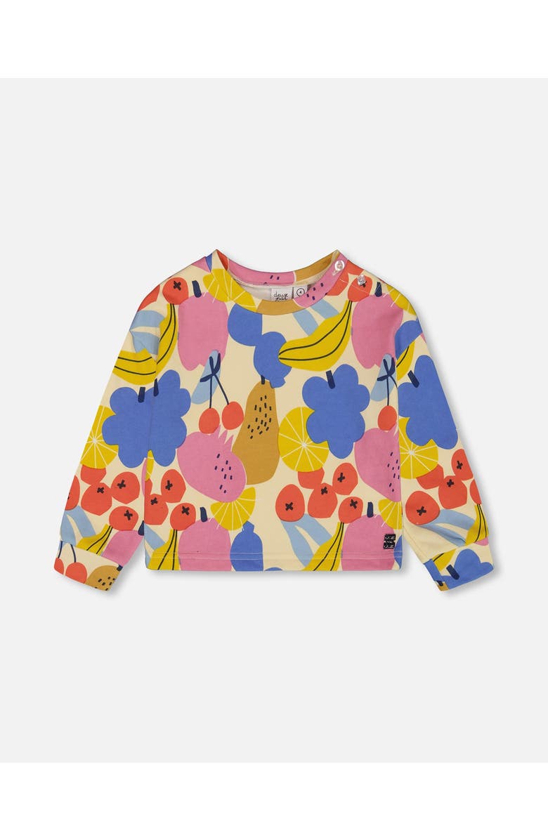 Deux par Deux Little Girl's Printed French Terry Sweatshirt Fruits On Yellow Background, Main, color, 