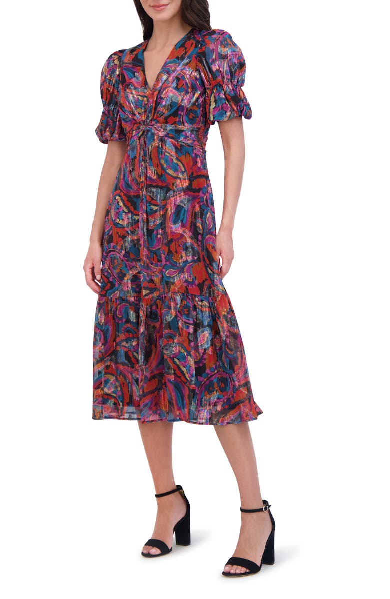 Vince Camuto Metallic Floral Chiffon Midi Dress, Alternate, color,