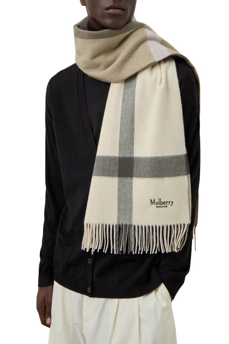 Check Merino Wool Scarf, Alternate, color, EGGSHELL/ OLIVE
